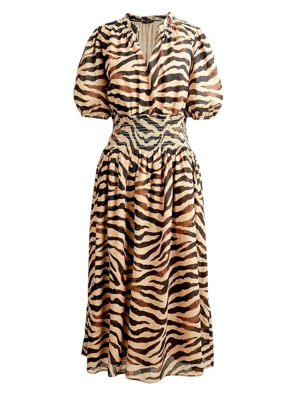 J. Crew Zebra Print Smocked-waist Cotton Voile Puff-Sleeve Midi Dress S Cotton